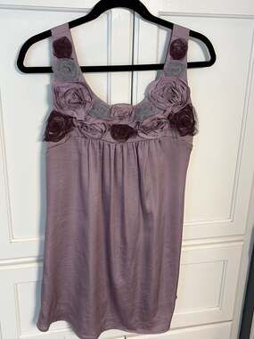 Y2K Floral Lilly Lou Purple 3D Rosette Sleeveless Smocked Back Top Size M